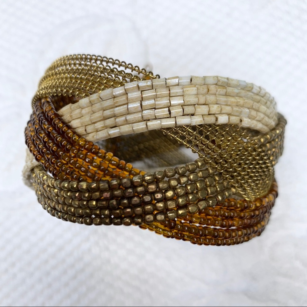 NWOT Brown Bronze Tan Cream Crisscross Beaded Neutral Bracelet Open Cuff